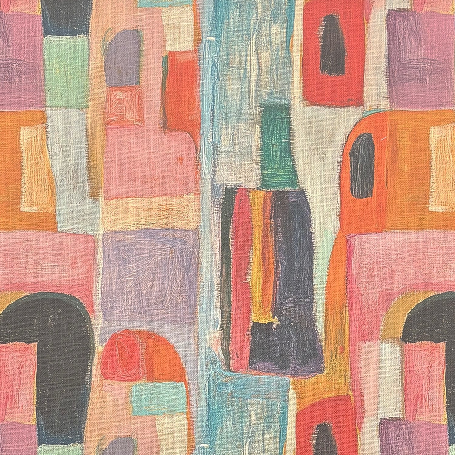 Multicoloured pastel curtain fabric showing geometric shapes, layered brush strokes and linen-style texture