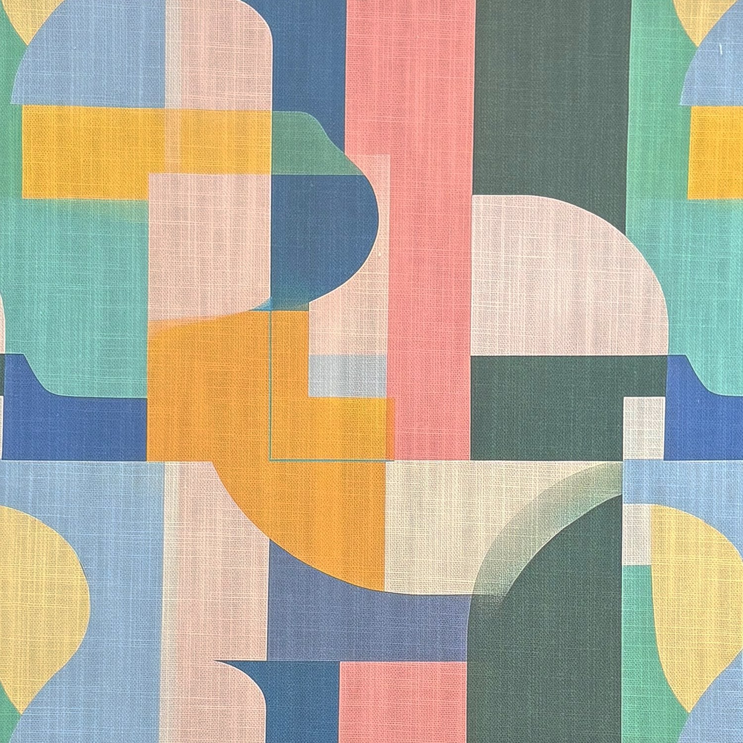 Fresco No.2 multicoloured pastel curtain fabric with geometric Bauhaus tile pattern in soft pink, blue, green and mustard