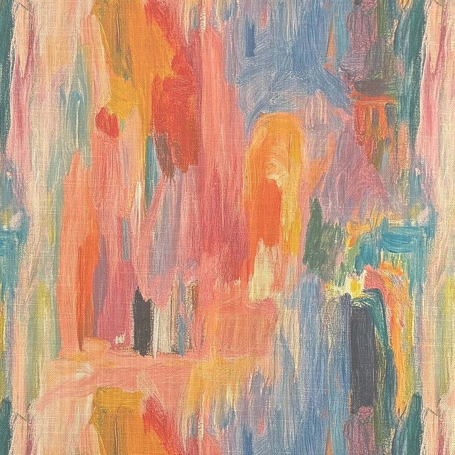 Multicoloured pastel curtain fabric with abstract brushstroke pattern in coral, blue, ochre and sage – Fresco No.6 flat fabric view