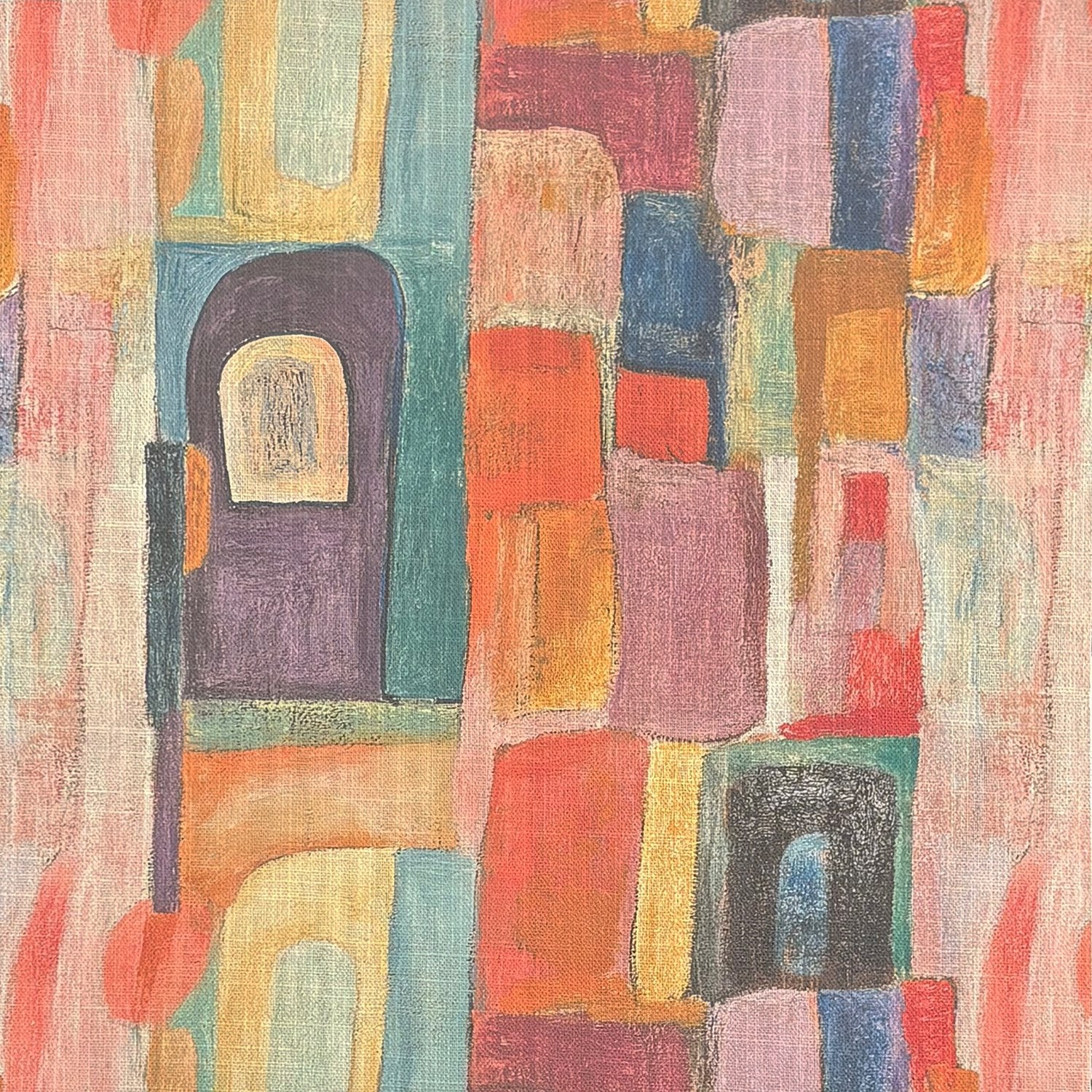 Fresco No.7 curtain fabric with pastel geometric arches in terracotta, pink, teal and sage – multicoloured pastel curtain fabric close-up