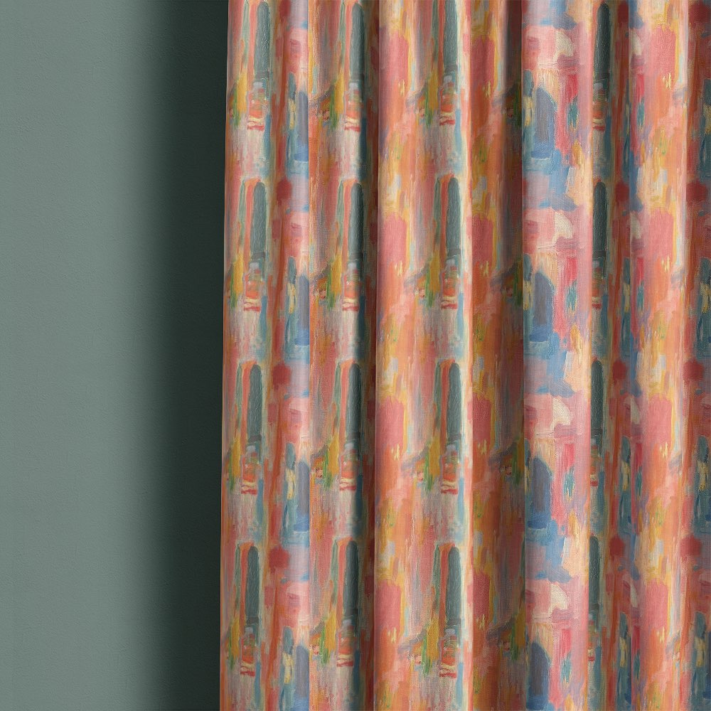 Fresco No.11 curtain fabric shown as full length curtains with expressive pastel brush textures and modern Bauhaus inspired abstract pattern