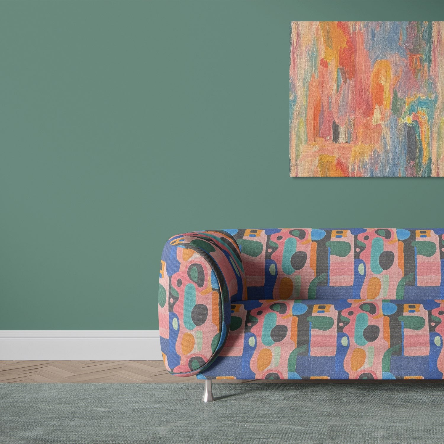 Multicoloured abstract patterned upholstery fabric on modern sofa – Fresco No.12 by Saint and Poet
