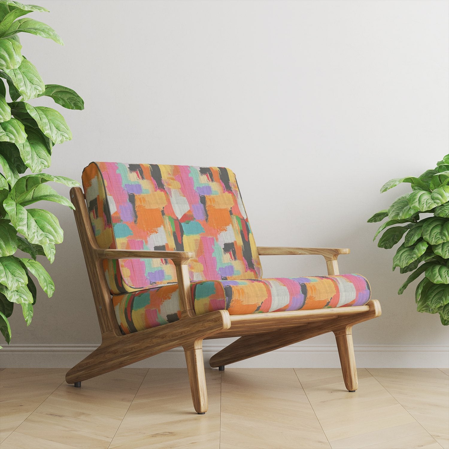 Armchair upholstered in Fresco No.13 multicoloured upholstery fabric – lifestyle shot