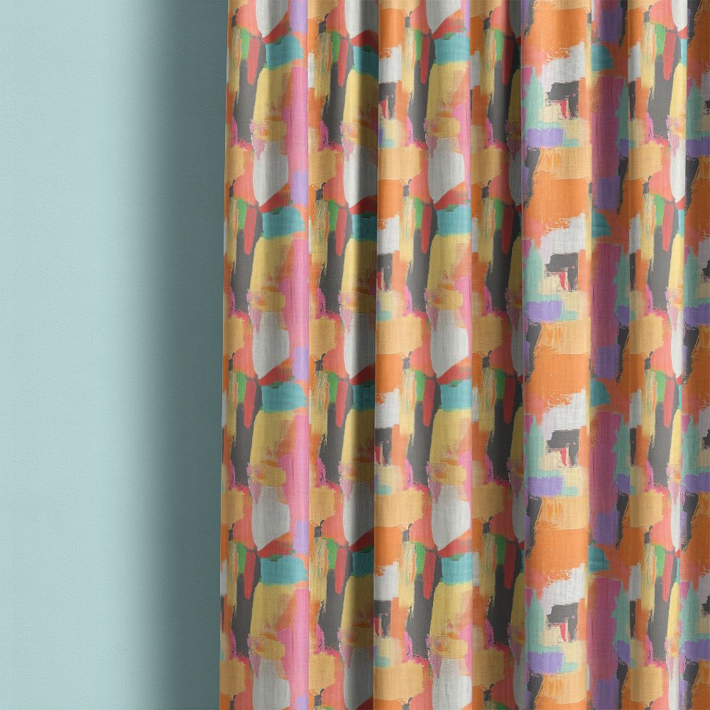 Fresco No.13 curtain fabric displayed as full length curtains with expressive pastel brush pattern and modern abstract design