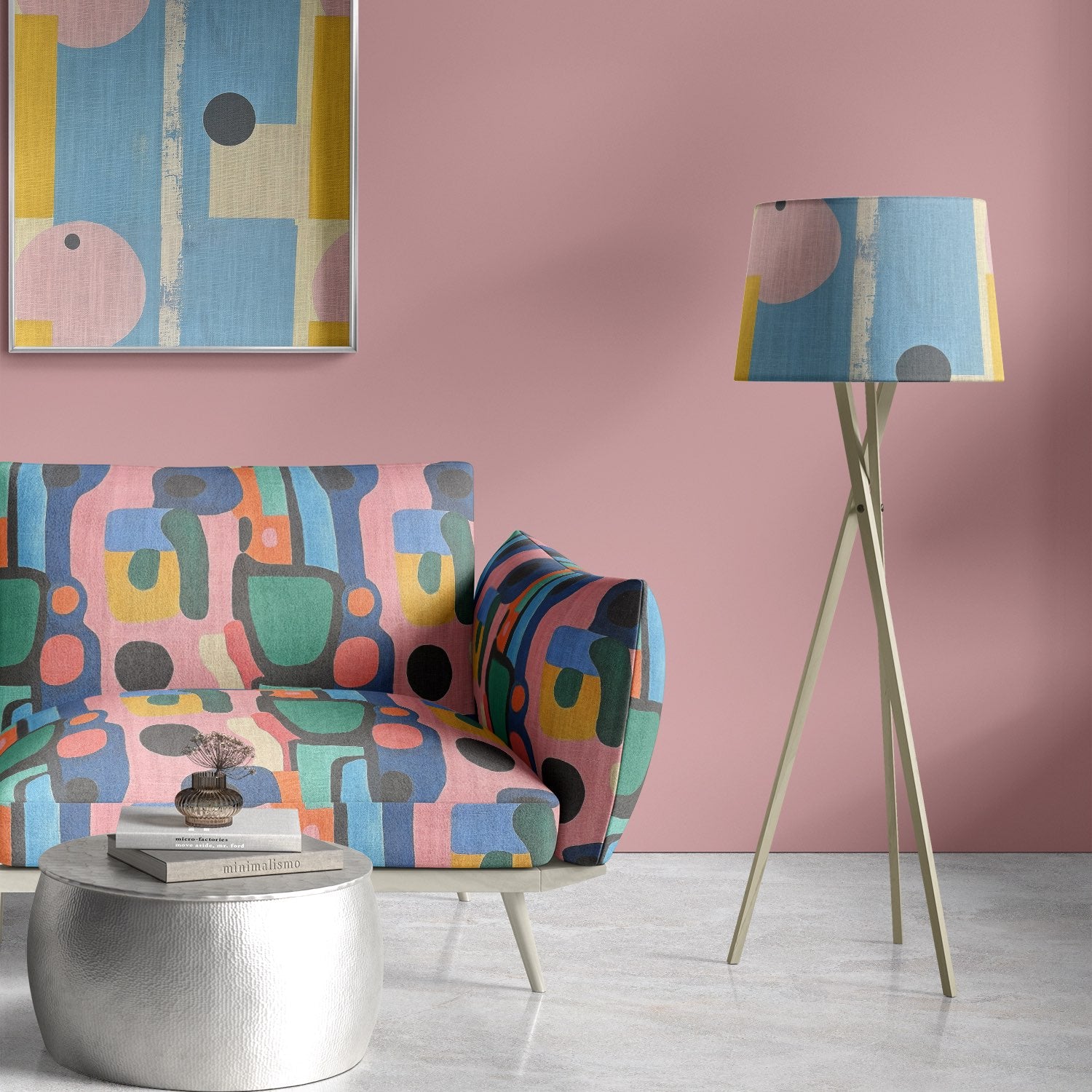 Armchair upholstered in Fresco No.14 upholstery fabric with modern geometric design
