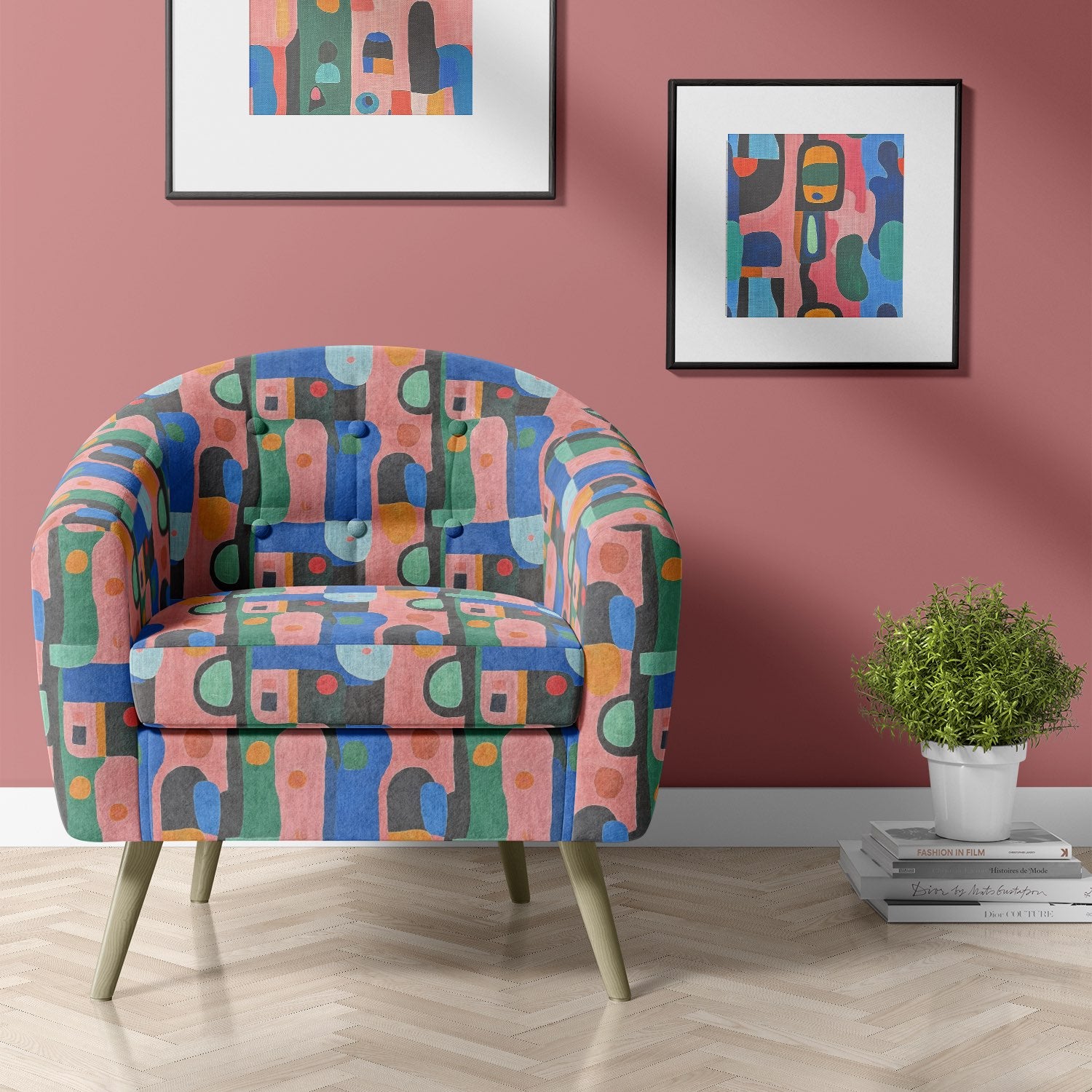 Chair upholstered in Fresco No.16 multicoloured upholstery fabric with abstract geometric shapes