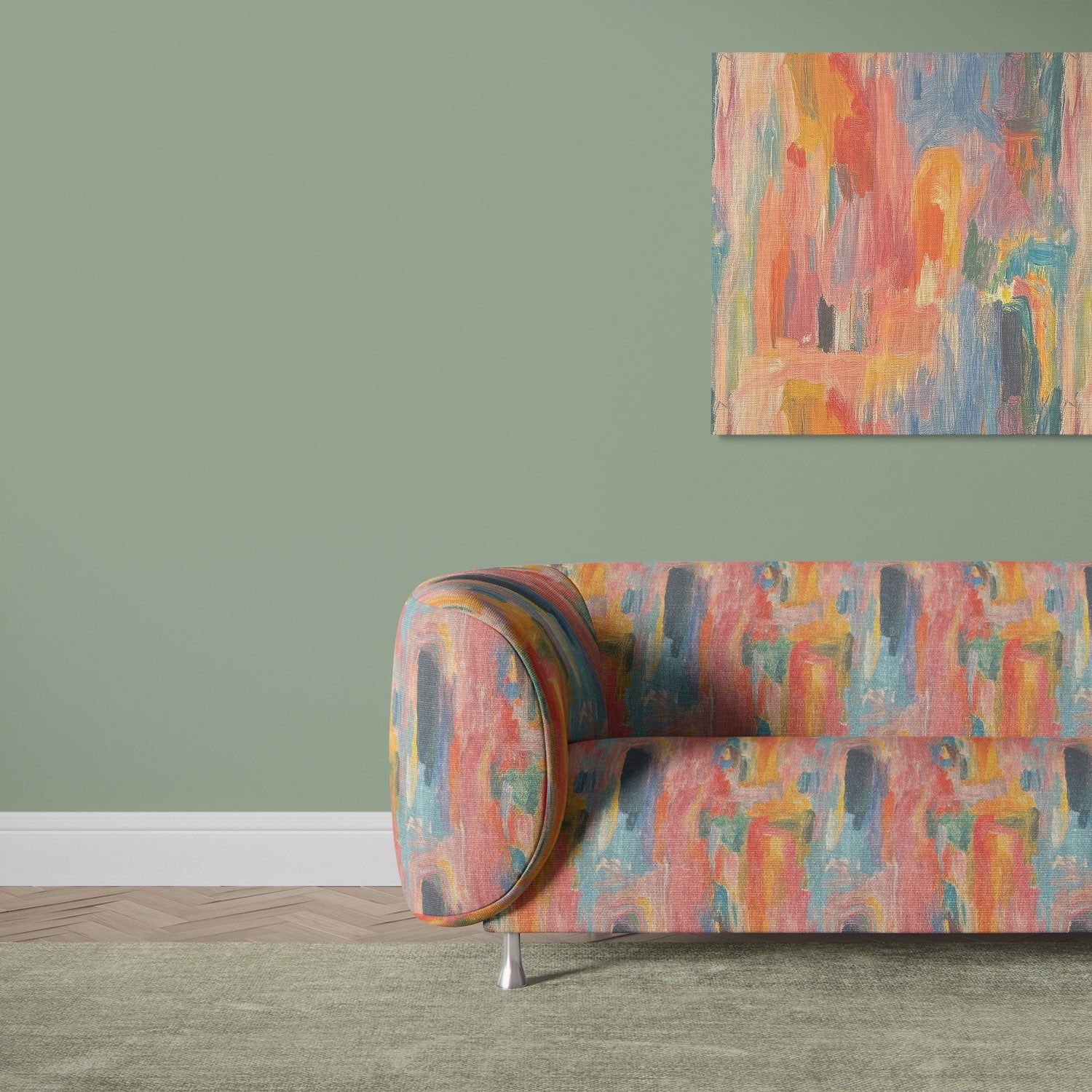 Sofa upholstered in Fresco No.17 upholstery fabric with expressive painterly pattern