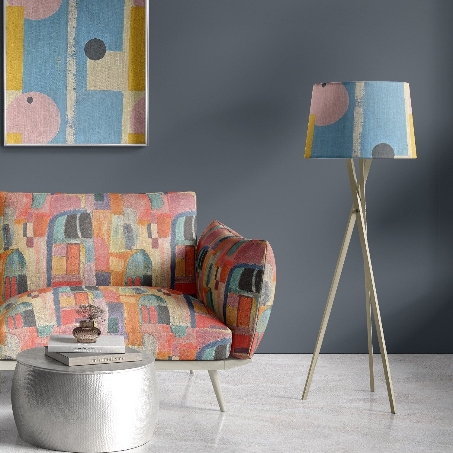 Fresco No.18 upholstery fabric on modern sofa – multicoloured abstract print