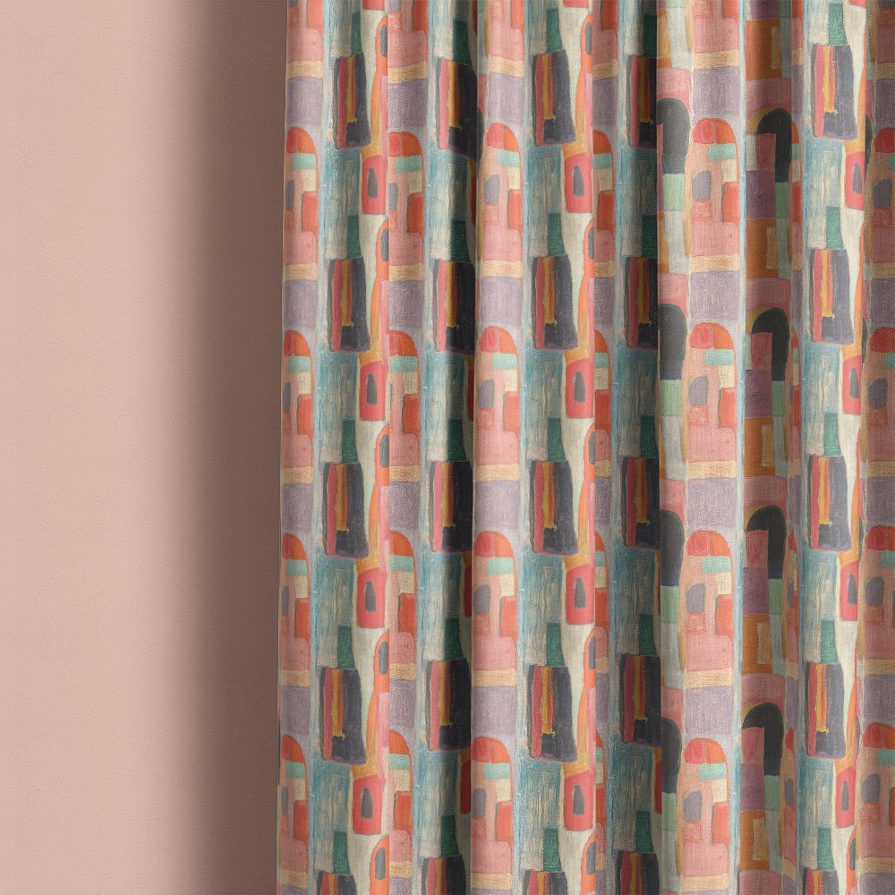 Multicoloured pastel curtain fabric with abstract Bauhaus blocks and painterly texture hanging in soft folds