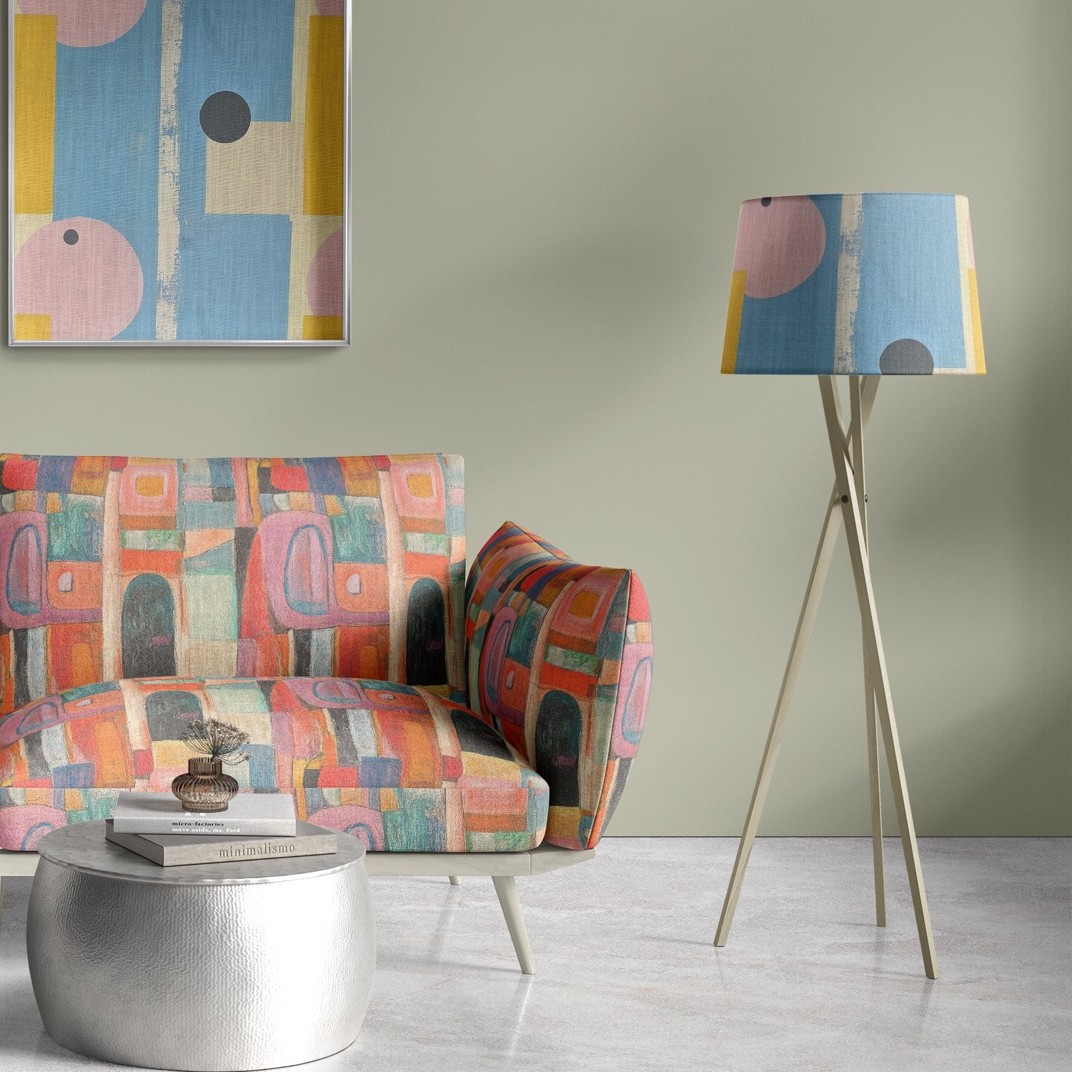 Fresco No.20 multicoloured upholstery fabric on armchair with artistic abstract design in interior setting