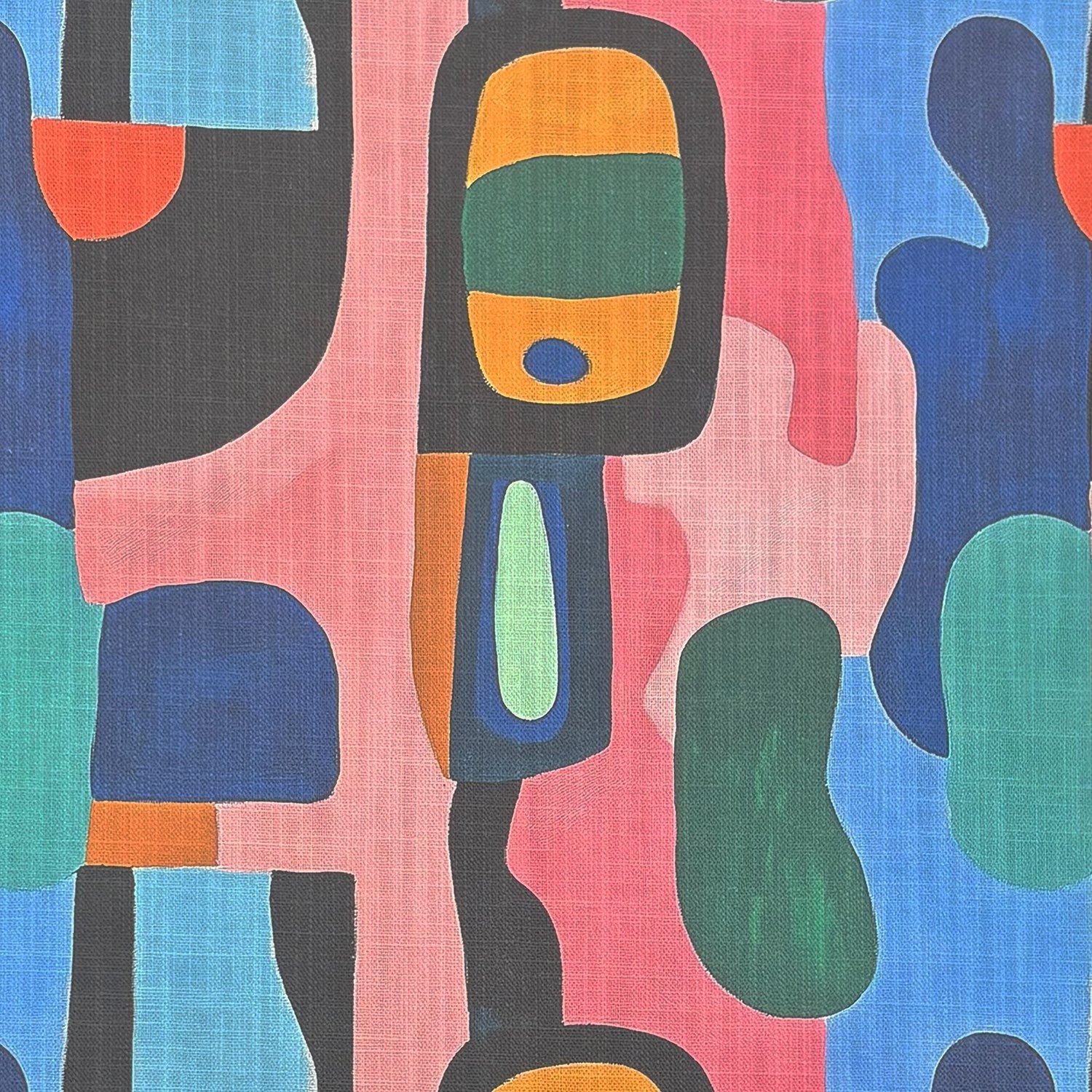Flat lay of Fresco No.21 multicoloured abstract printed upholstery fabric with bold shapes on a pink background