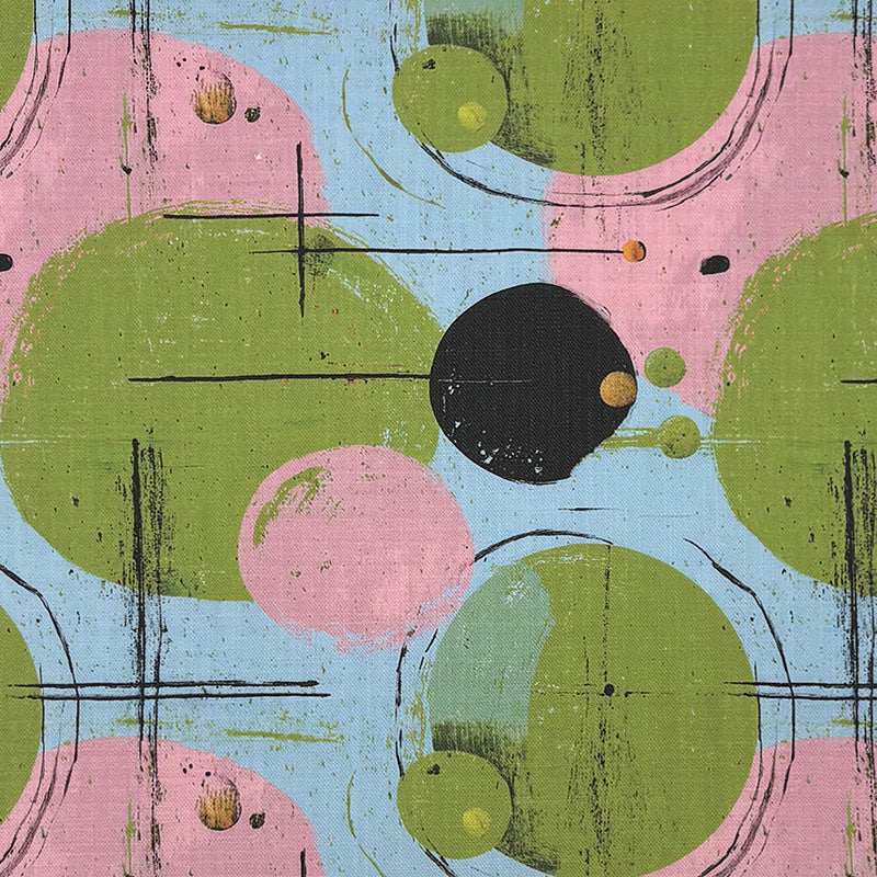 Blue upholstery fabric with abstract circular pattern in green and pink with painterly texture and black line detailing
