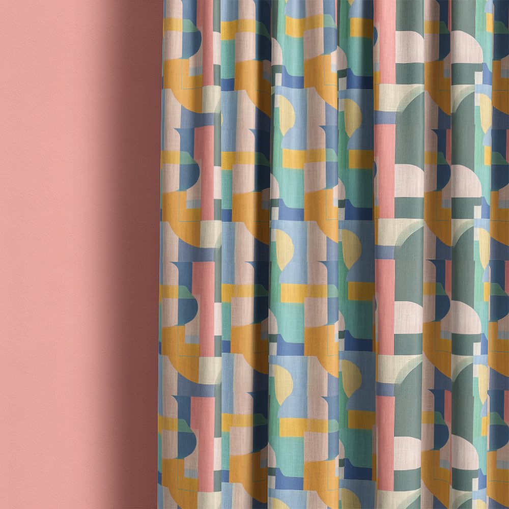 Fresco No.2 curtain fabric made into full-length pastel geometric curtains showing tiled Bauhaus shapes in a modern interior