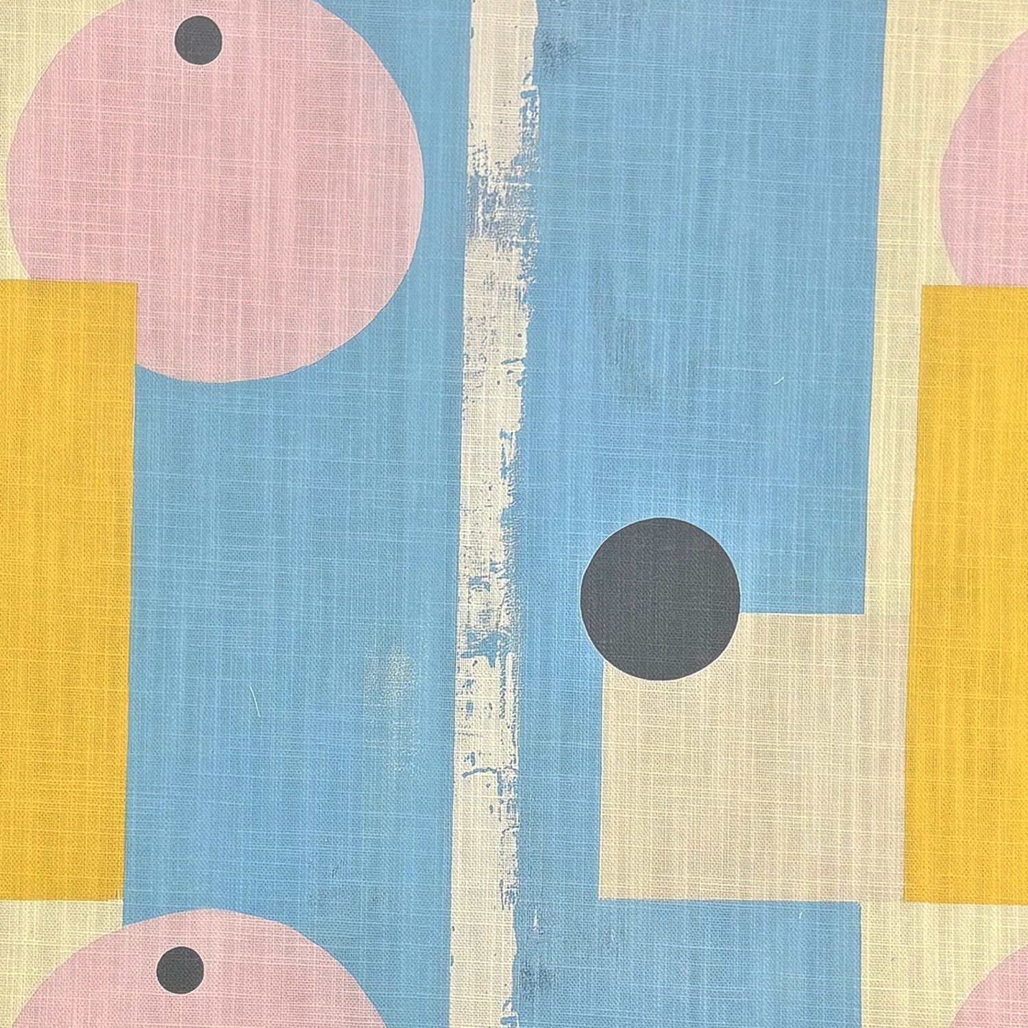 Fresco No.3 abstract printed upholstery fabric in playful blue, pink, and yellow – modernist fabric design.