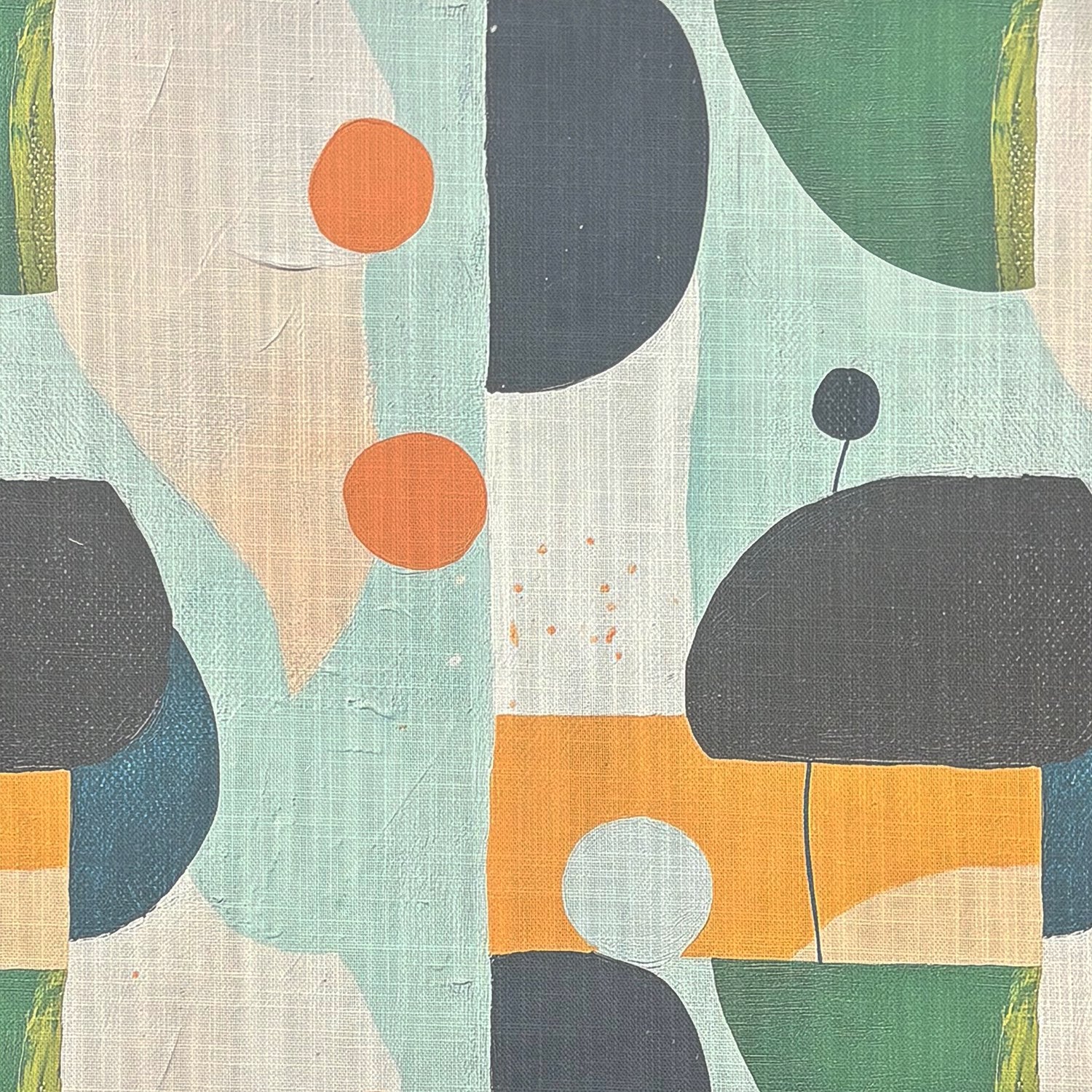 Flat lay close-up of Fresco No.4 upholstery fabric showing painterly graphic motifs in green, orange, and black