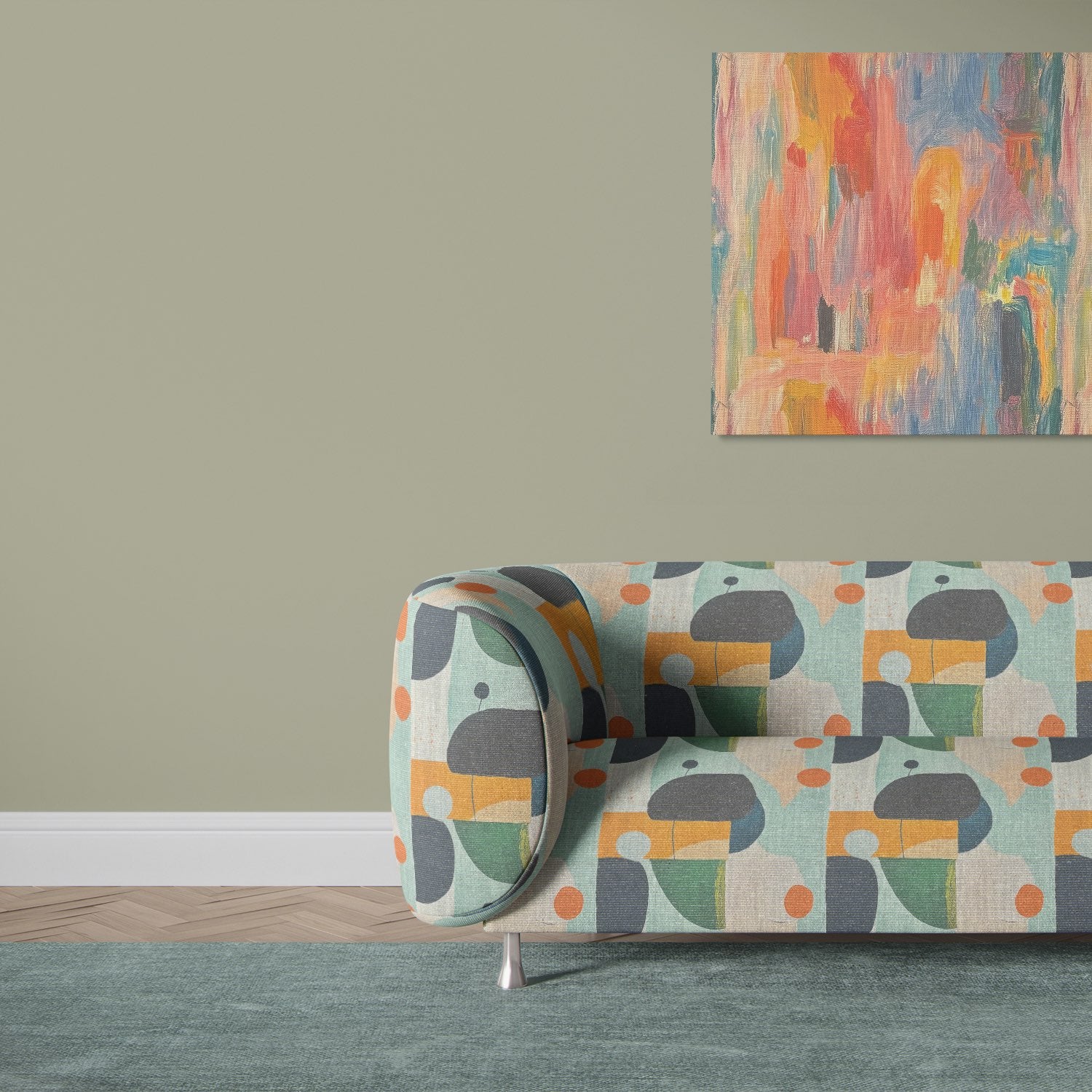 Upholstered sofa in Fresco No.4 multicoloured abstract upholstery fabric with green and orange shapes