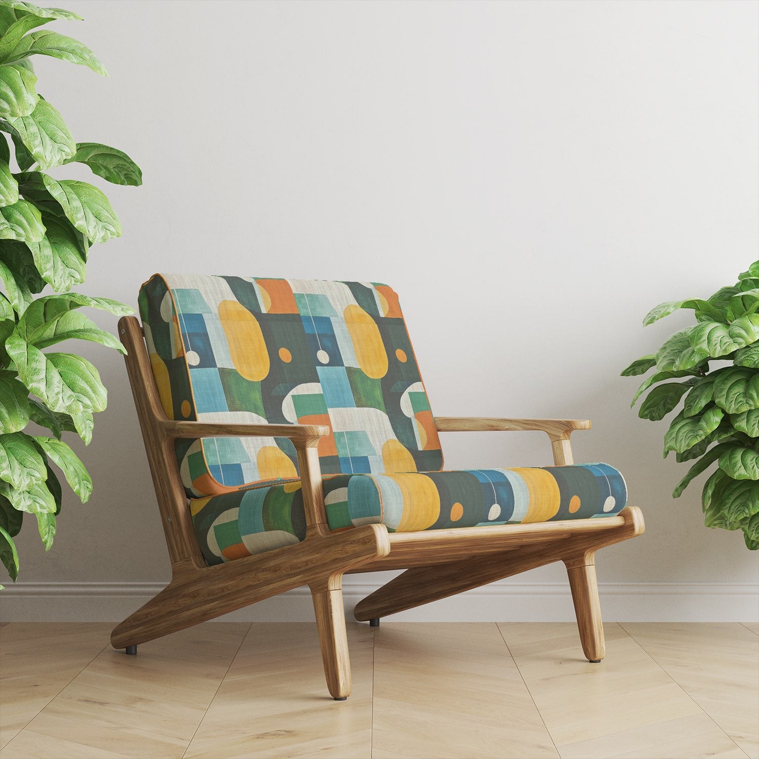 Fresco No.5 upholstery fabric on mid-century armchair in living room
