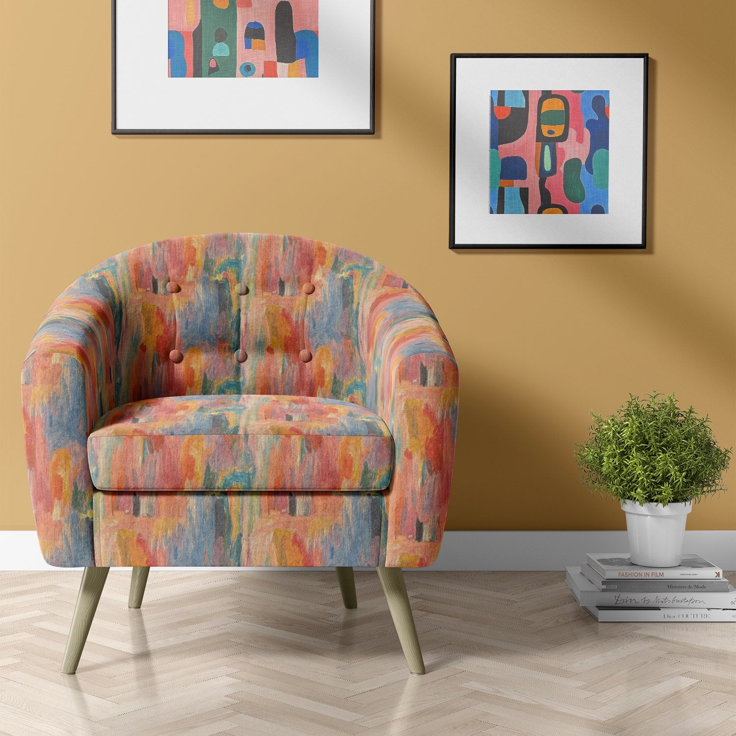Fresco No.7 multicoloured upholstery fabric on a modern accent sofa in purple interior scheme