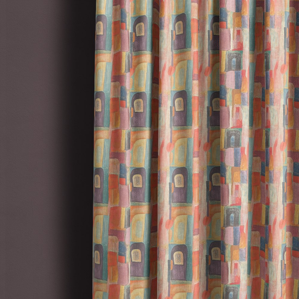 Fresco No.7 multicoloured pastel curtain fabric showing painterly Bauhaus shapes in soft pink, green and warm ochre tones