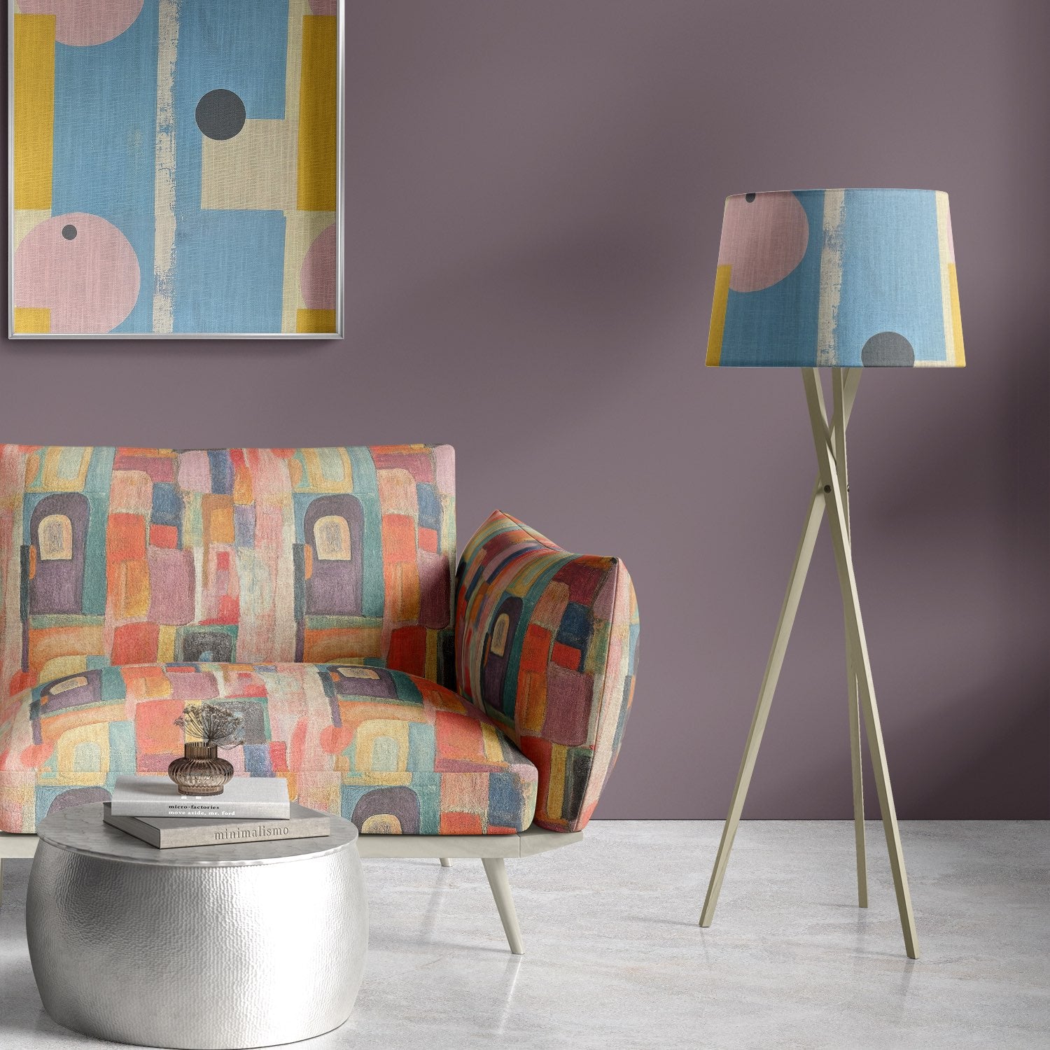 Fresco No.7 multicoloured upholstery fabric on a modern accent sofa in purple interior scheme