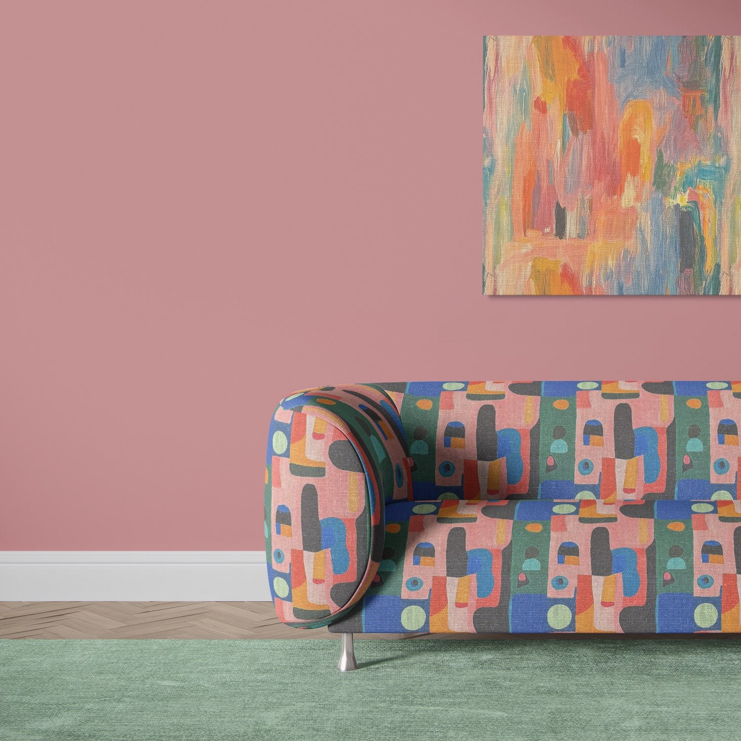 Fresco No.8 upholstery fabric on modern curved sofa in pink room setting