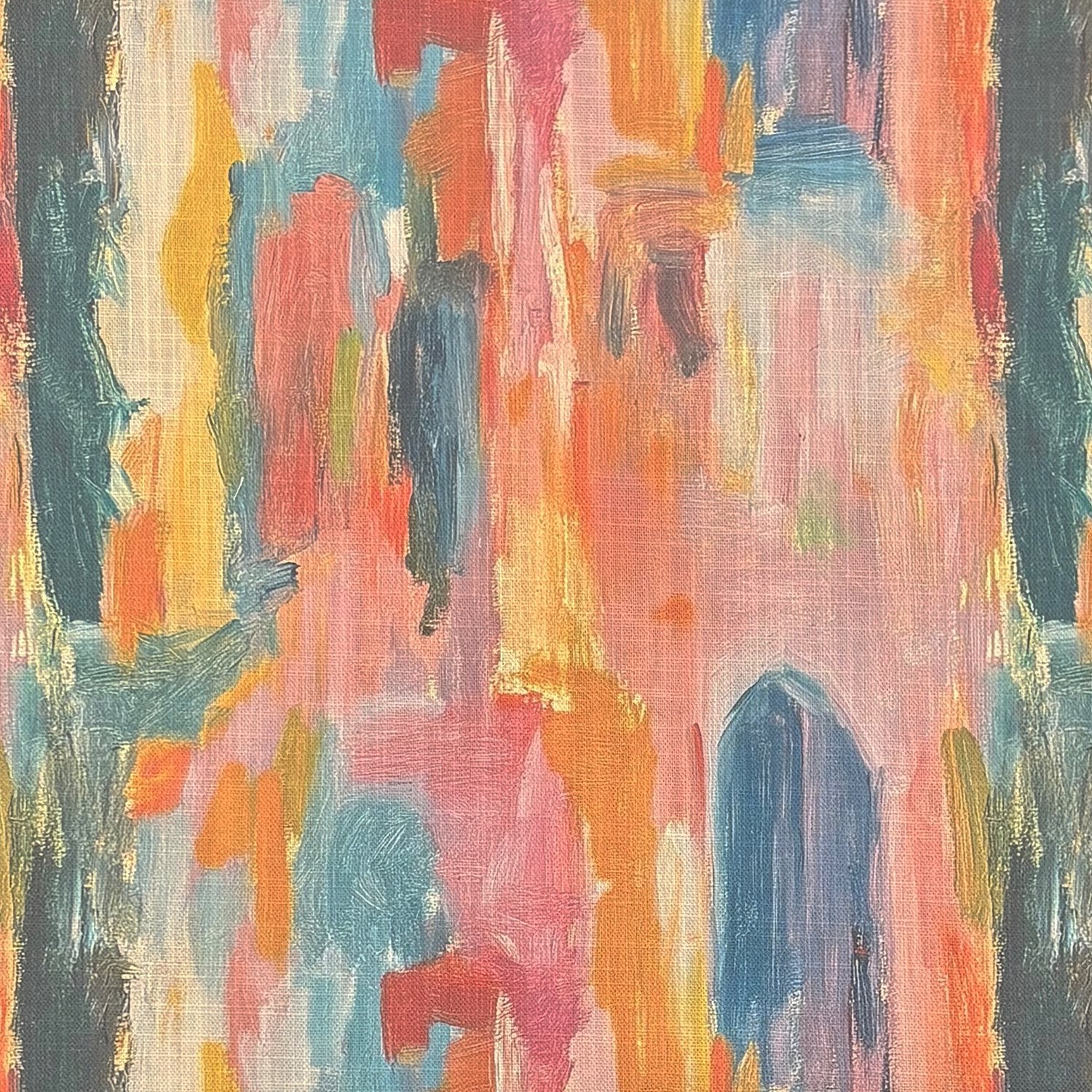 Flat image of Fresco No.9 upholstery fabric in coral, ochre and blue painterly design