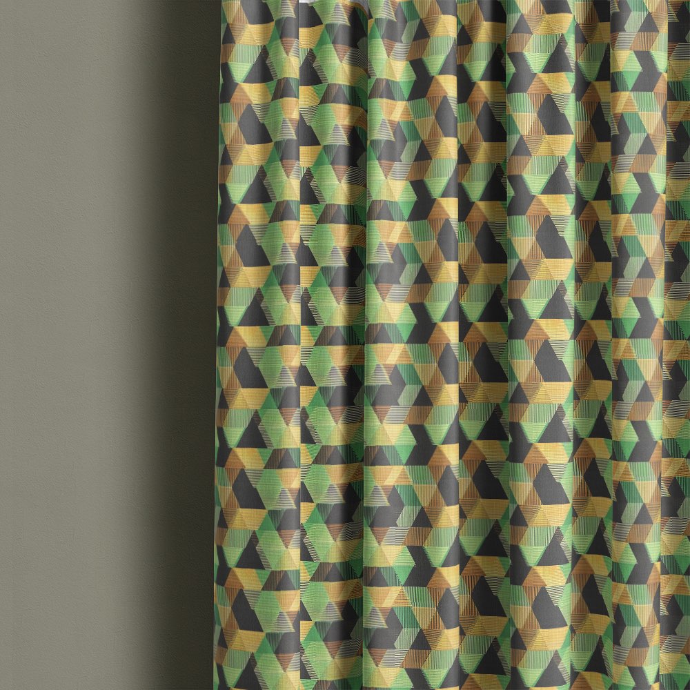 Luxury geometric curtain fabric made into modern linen curtains – Geometry No.1 in green tones