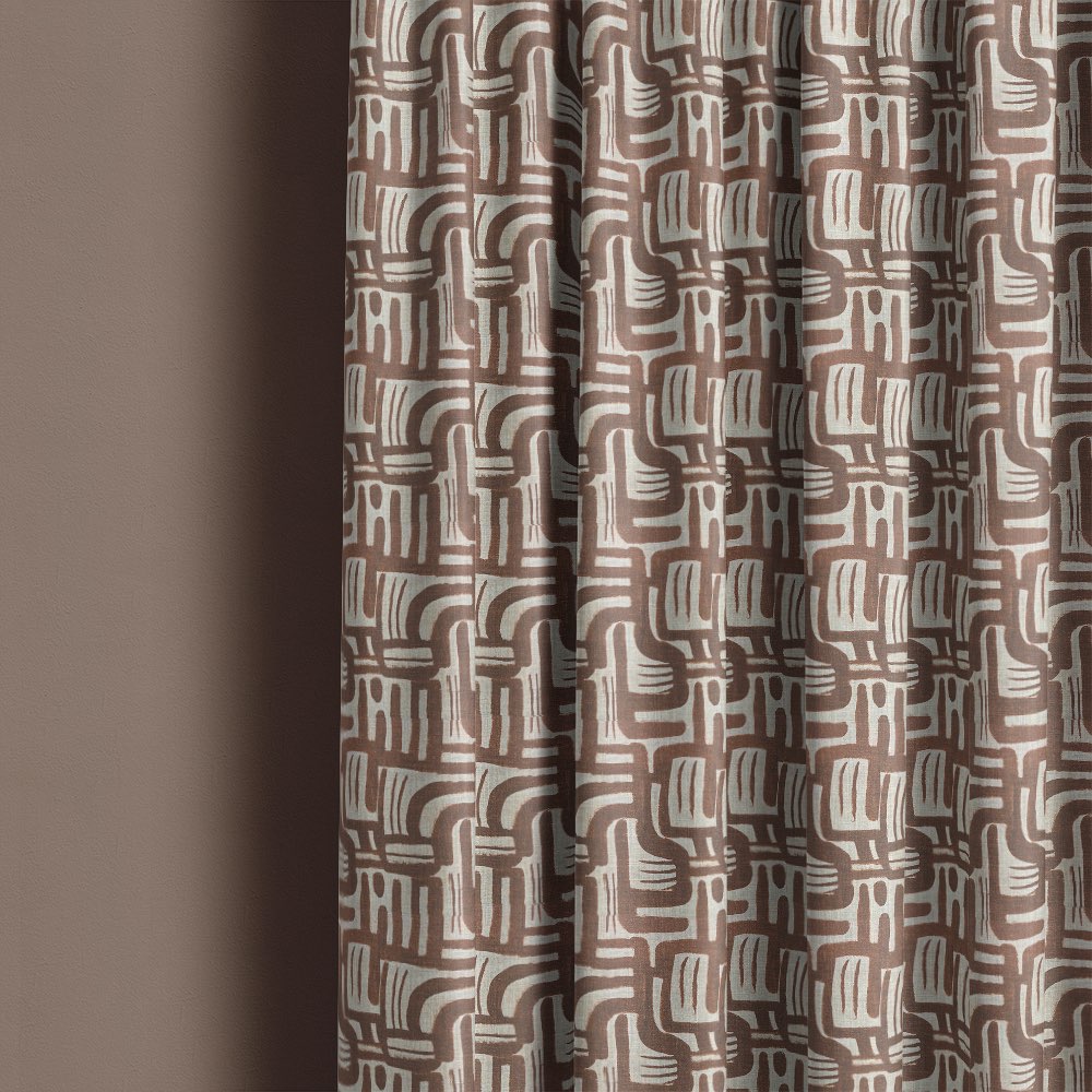 Geometry No.3 linen curtain fabric shown as modern patterned curtains in brown geometric design