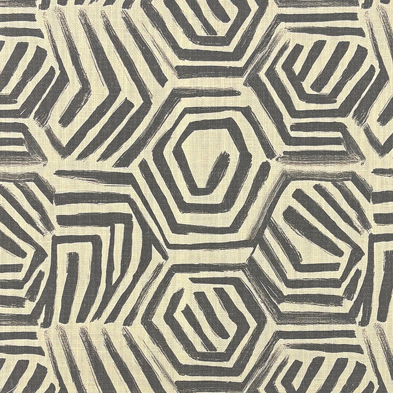Geometric curtain fabric with hand drawn hexagon pattern in charcoal on neutral linen background – Geometry No.4 fabric design