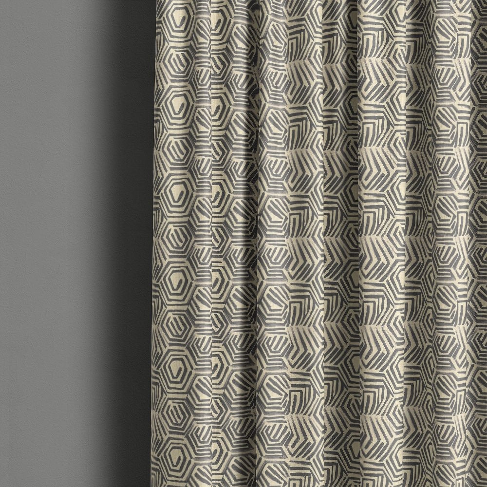 Geometric curtain fabric in modern interior showing charcoal hexagon pattern linen curtains – Geometry No.4 linen curtain fabric