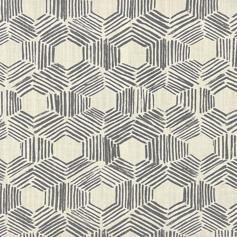 Geometric curtain fabric with layered hexagon line pattern in charcoal on natural linen – Geometry No.5 geometric curtain fabric