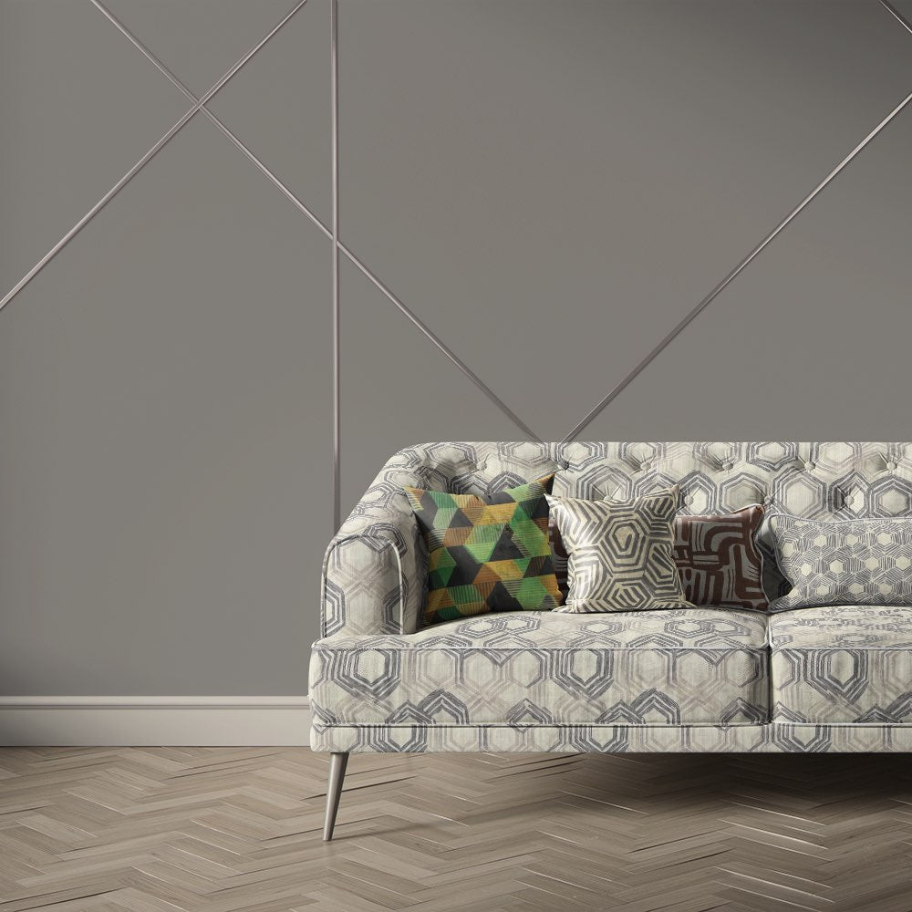 Geometric upholstery fabric on modern sofa with soft hexagon pattern in neutral tones – Geometry No.7 upholstery fabric