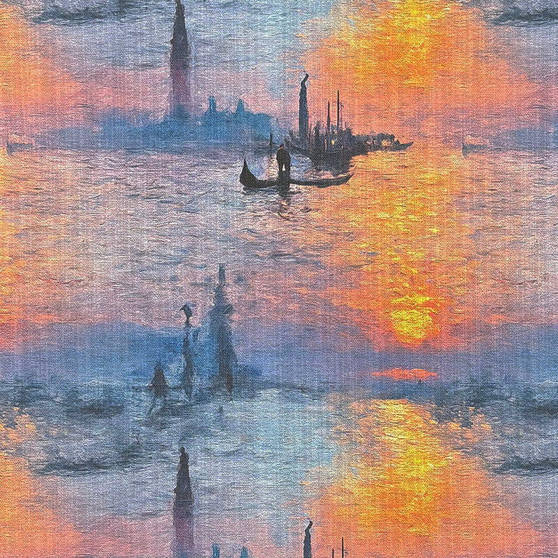 Impressionist style upholstery fabric featuring sunset reflections, gondola silhouettes, lavender blue water and orange painterly sky detail