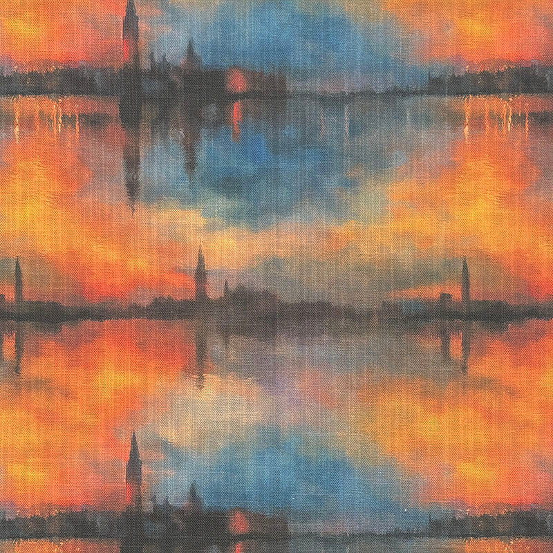 Impressionist style upholstery fabric featuring abstract sunset reflections in orange, blue and gold tones inspired by painterly landscape artwork