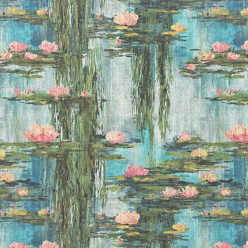 Impressionist style upholstery fabric featuring blue water lily pond, trailing willow reflections and pink floral details inspired by Monet gardens