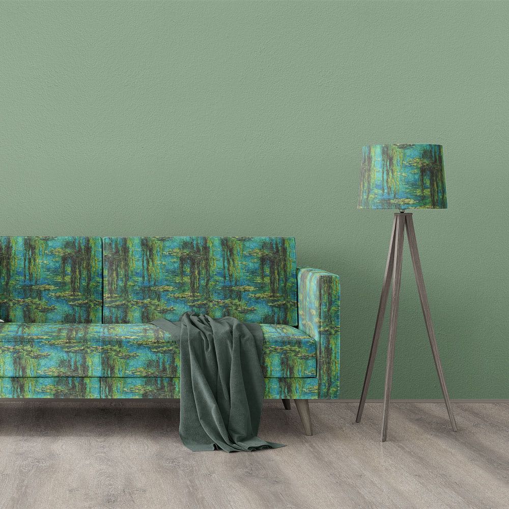 Giverny No.6 impressionist style upholstery fabric displayed on sofa and lampshade with blue green water garden and lily pond design