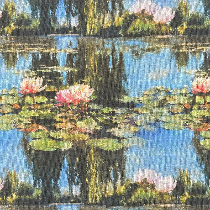 Impressionist style upholstery fabric featuring pink water lilies, reflective blue pond water and trailing willow trees inspired by Monet garden paintings