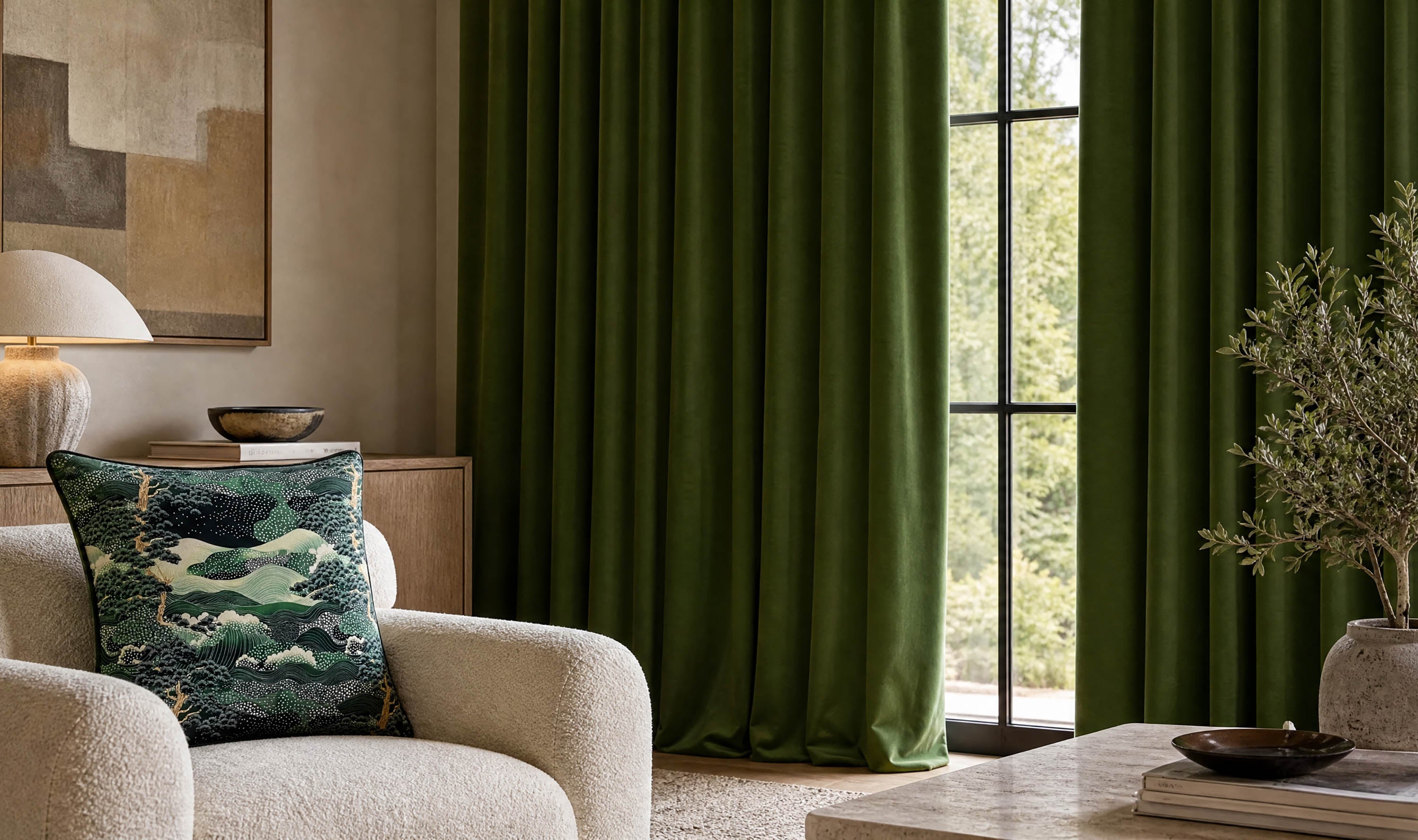 Green Fabric collection featuring rich forest green curtains and Japanese inspired cushion fabric with scenic landscape motifs in an elegant contemporary interior