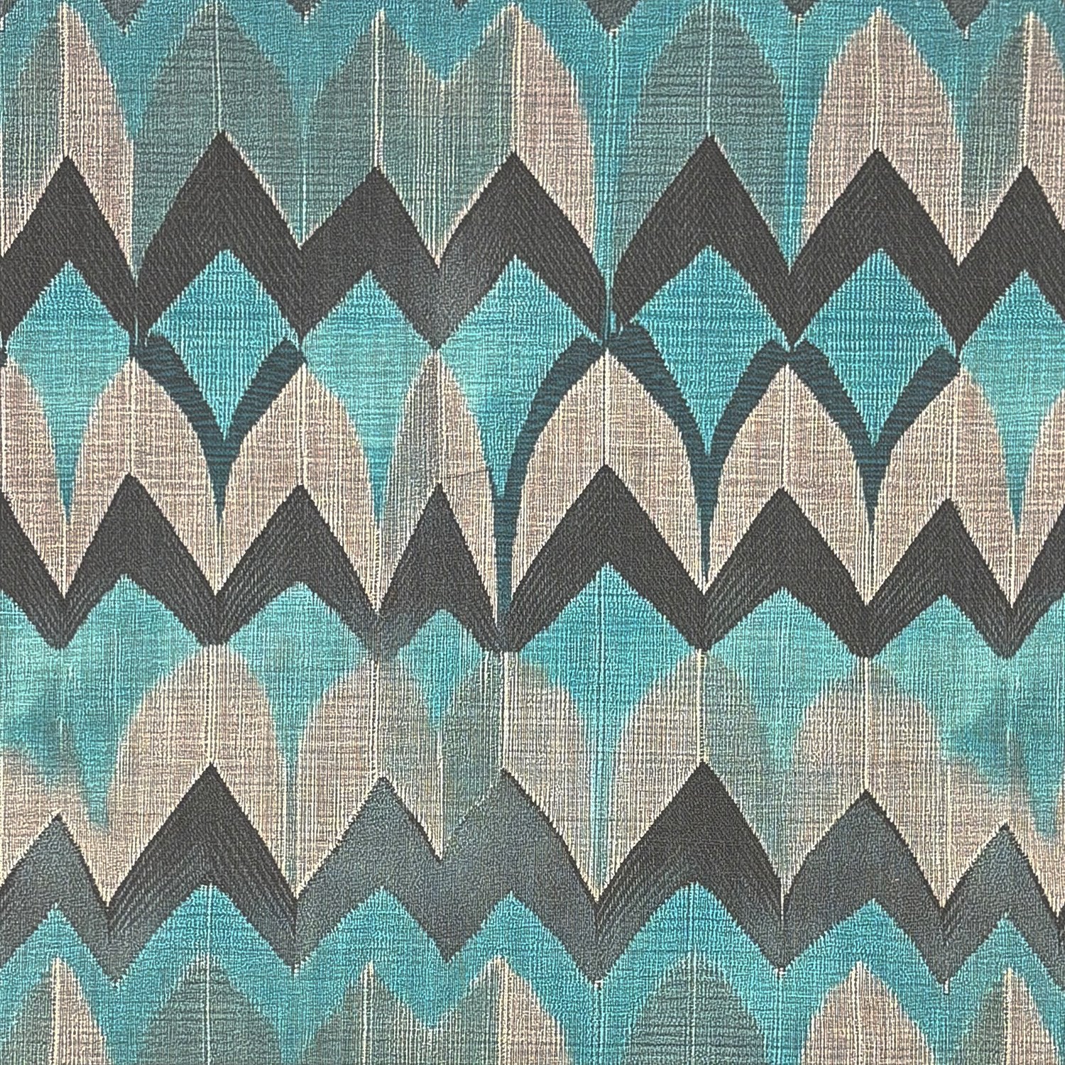 Flat image of Kilim No.19 upholstery fabric featuring teal, charcoal, and stone tribal pattern