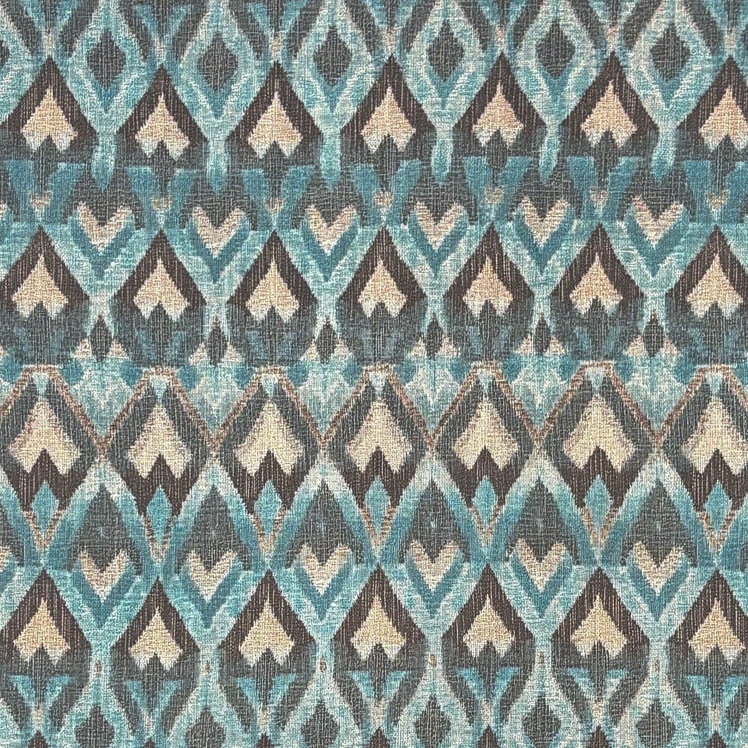 Flat image of Kilim No.21 upholstery fabric with diamond and arrow motifs in teal, charcoal, and sand