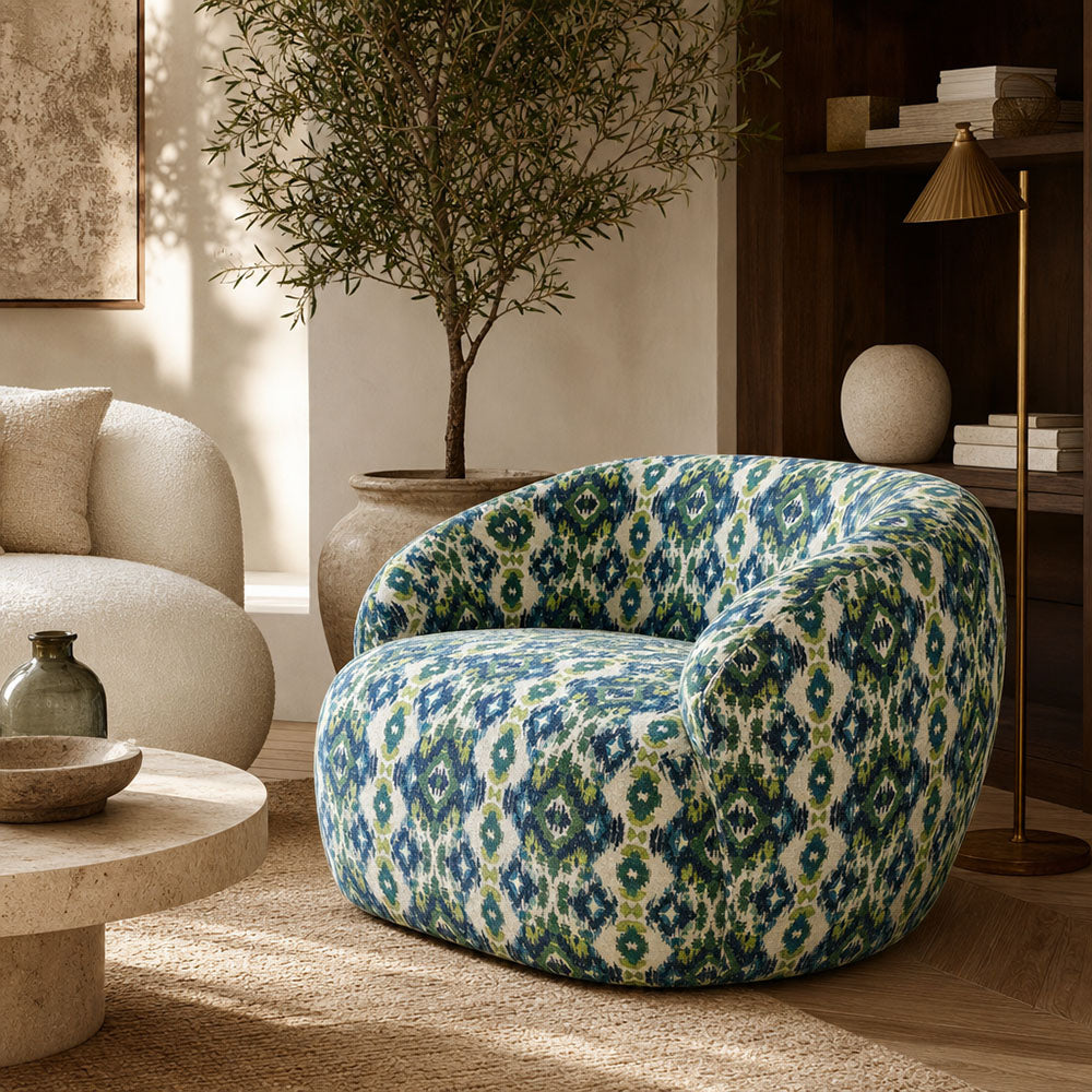 Chair upholstered in Kilim No.22 Crib5 velvet, featuring a green and blue Kilim design with charcoal detail