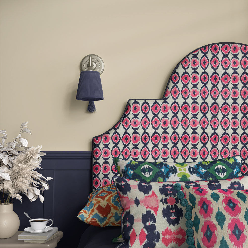 Headboard in Kilim No.25 Crib5 velvet upholstery fabric with coral, pink and charcoal Kilim design pattern