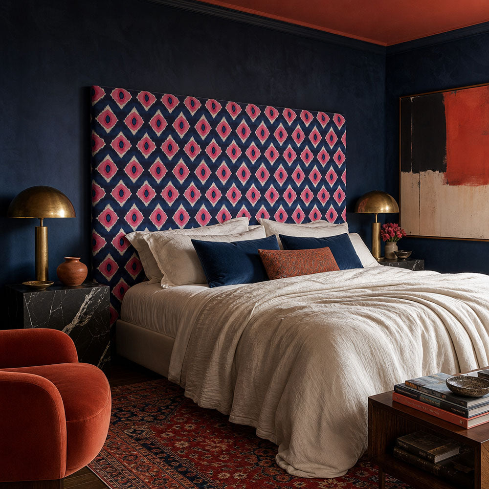Kilim No.27 headboard in Crib5 velvet, showing pink and navy Kilim design for colourful statement upholstery