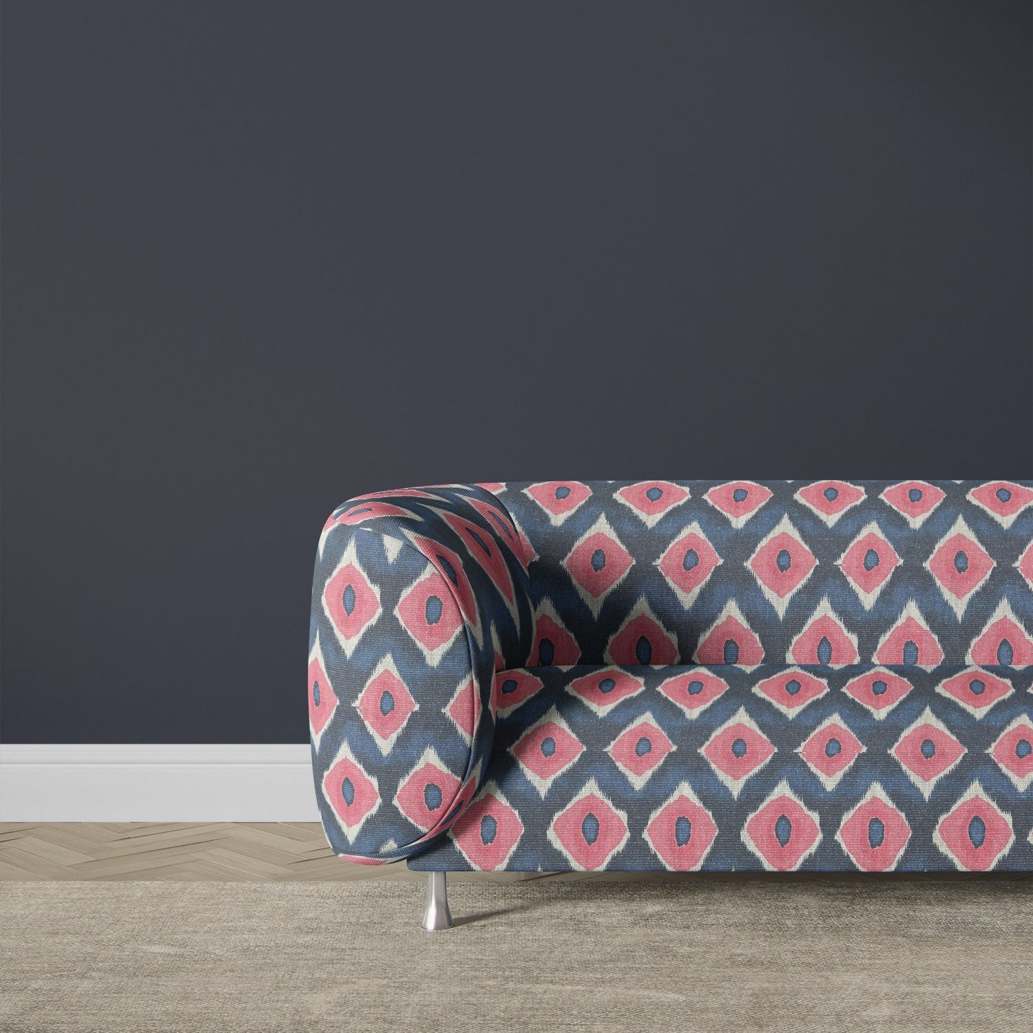 Kilim No.27 bold pink and navy diamond design upholstery fabric on modern sofa – roomset image