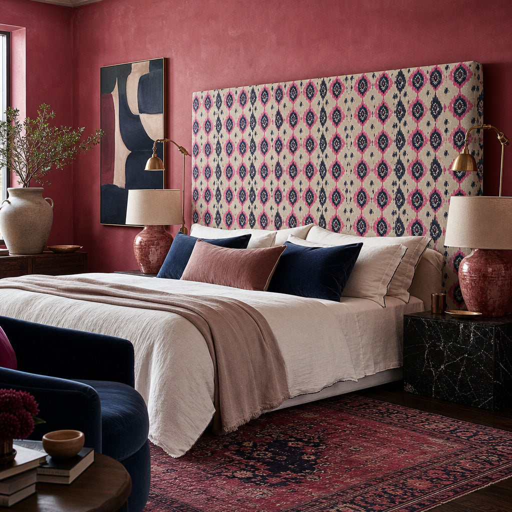 Headboard styled in Kilim No.28 Crib5 velvet upholstery fabric with pink and charcoal Kilim design