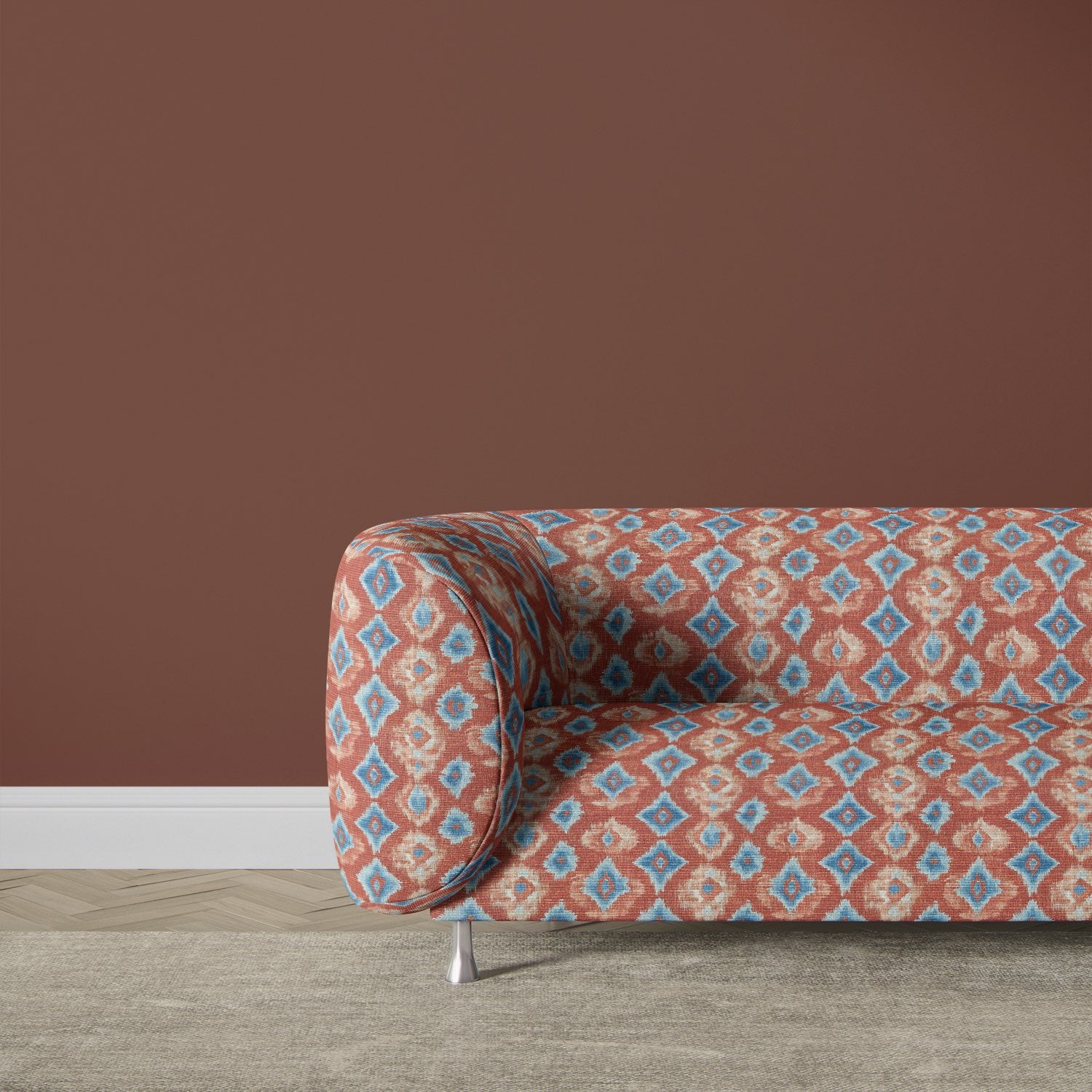 Kilim No.30 patterned upholstery fabric on modern curved sofa