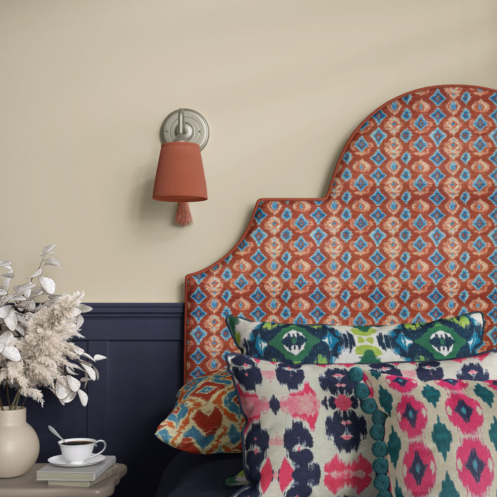 Kilim No.30 headboard in Crib5 velvet, using a red and blue geometric Kilim design for bold upholstery