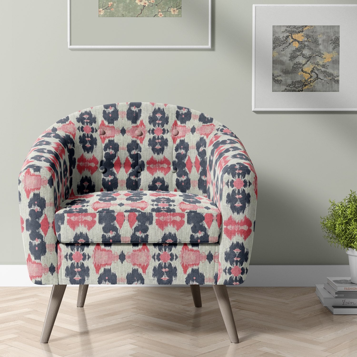 Close-up of Kilim No.31 red and charcoal geometric patterned upholstery fabric on natural basecloth