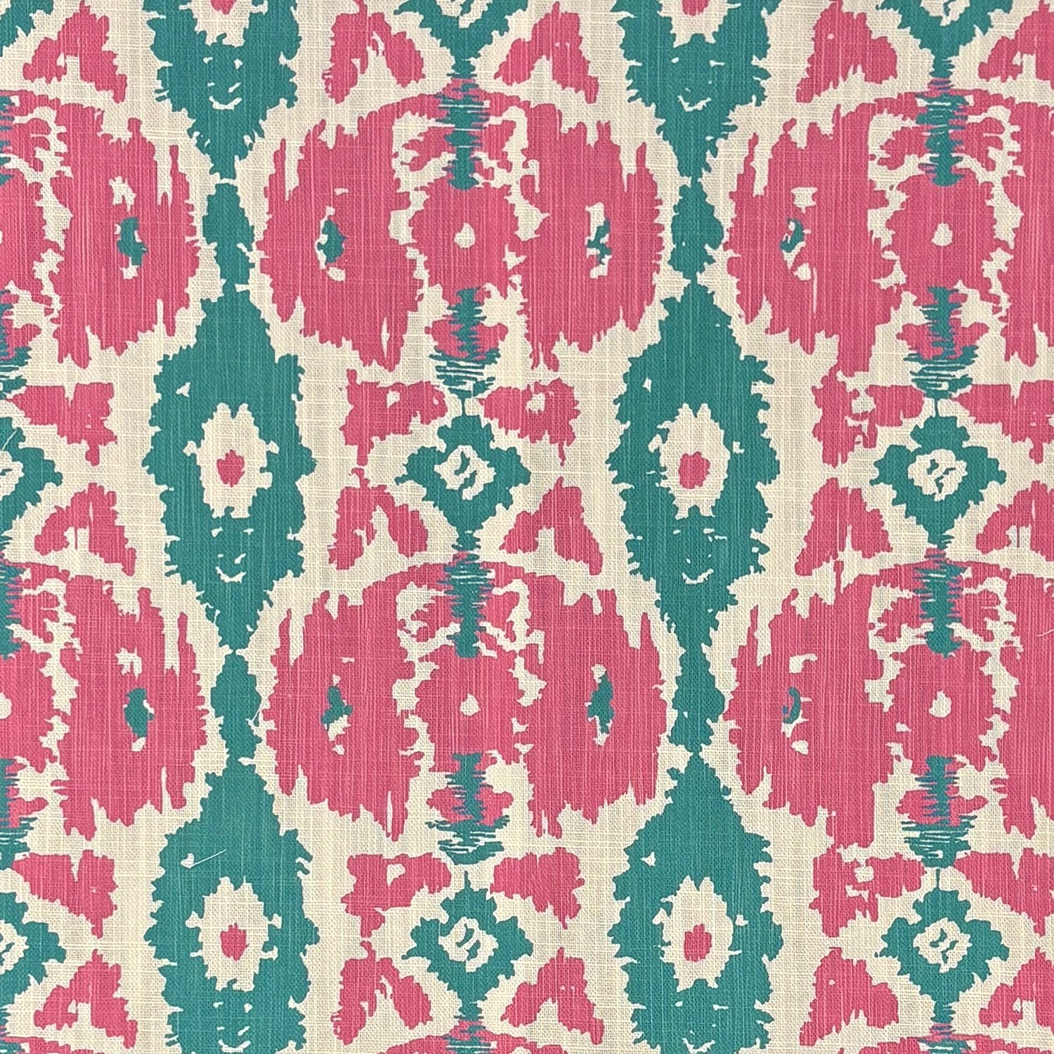 Kilim No.32 pink and teal ikat patterned upholstery fabric flat view