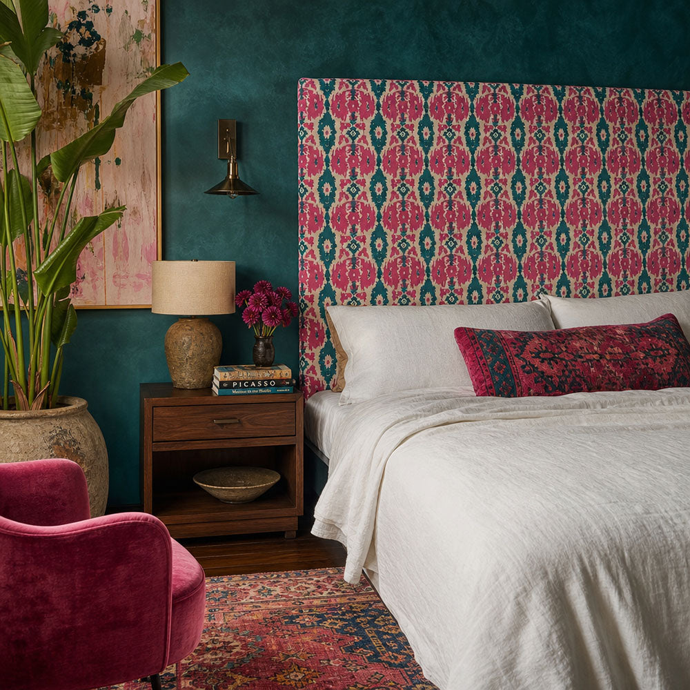 Kilim No.32 headboard upholstered in Crib5 velvet, showing pink and teal Kilim design for decorative interiors